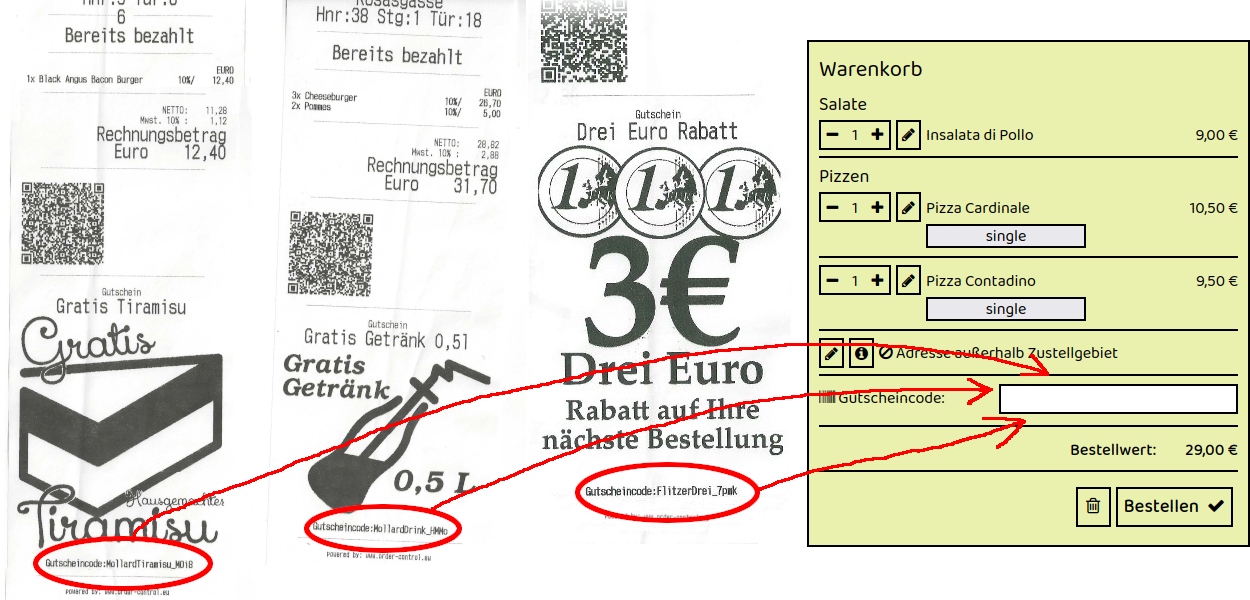 Beispiel für Gutscheincodes auf Rechnungszetteln von TERMEH in Wien Grinzinger Straße 139 – drei Rechnungen mit individuellen Gutscheincodes, die im Online-Warenkorb des Restaurants eingegeben werden können.